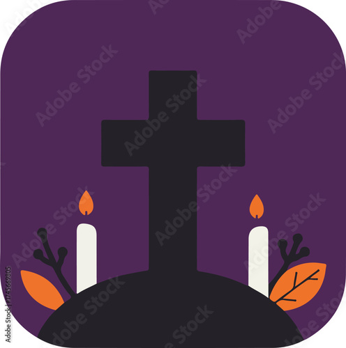 Dark silhouette of a cross with white candles and branches on a purple gradient background