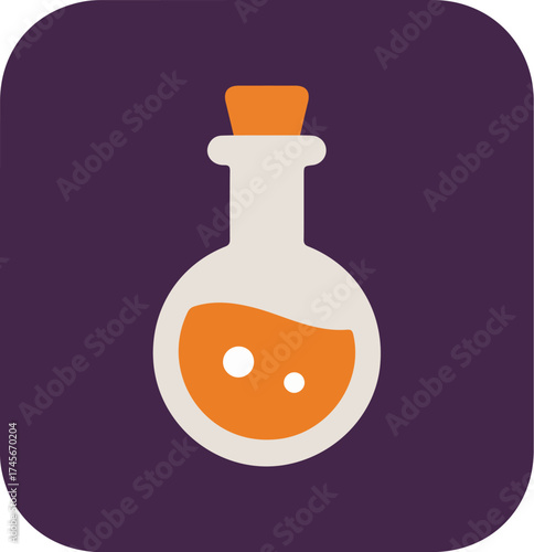 Minimalist illustration of a white bottle with orange liquid and stopper on purple background