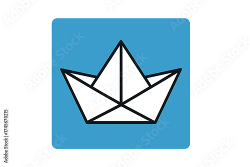 Paper boat vector icon illustration. Origami ship on blue background. Minimalist line art symbol for travel, navigation, or childhood. Folded paper watercraft graphic.