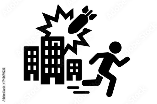 War in city icon. Person escaping bomb explosion and building attack. Air raid, bombing concept. Civilian refugee fleeing danger. Crisis, terror, destruction vector pictogram.