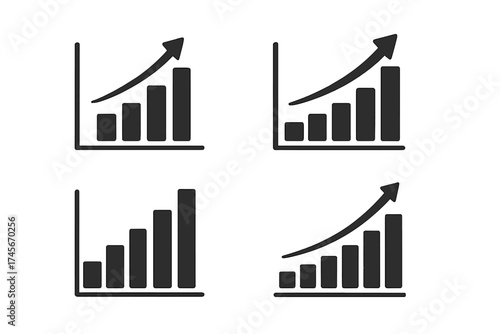 Business growth chart vector icon set. Bar graphs with increasing arrows. Financial data analysis, success, and profit concept. Statistics diagram for presentation and report.