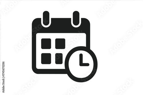 Calendar and clock icon for scheduling and time management. Date, appointment, and event symbol. Flat vector graphic for web, app, UI design. Planner or organizer concept.