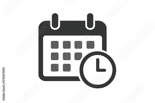 Calendar and clock icon. Schedule, appointment, and date symbol. Event planning, reminder, and organizer concept. Time management and deadline pictogram. Flat vector for web, app, UI.