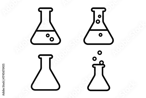 Chemistry flask line icon set. Erlenmeyer flask for scientific experiment or lab research. Vector illustration of chemical laboratory glassware with liquid and bubbles reaction.
