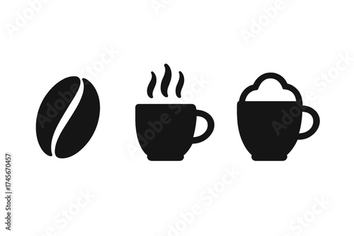 Coffee bean, espresso and cappuccino icon set. Vector illustration of coffee symbols. Hot drink, caffeine, cafe and barista concept. Minimalist flat pictogram for web design.