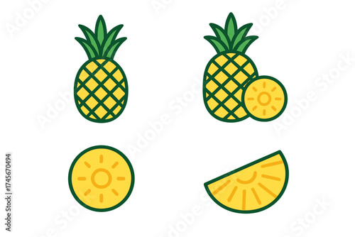 Pineapple icon set vector collection. Tropical fruit illustration. Whole pineapple, slice and wedge. Flat design summer food symbol for graphic design, logo, web, app ui.