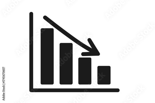 Declining bar graph vector icon. Business loss, economic crisis, financial failure concept. Statistics chart showing downward trend, decrease, reduction, regression.