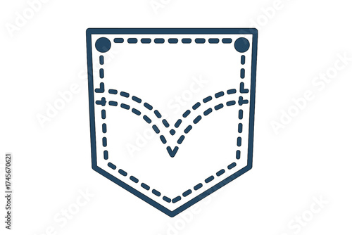 Denim jean back pocket vector icon. Blue line art symbol with classic stitching & rivets. Isolated clothing element for fashion design, garment part illustration, apparel accessory.