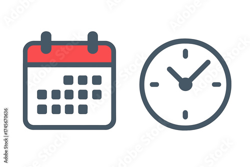 Calendar and clock icon. Time and date symbol. Schedule, appointment, event planning concept. Vector illustration for web, logo, app, UI design. Flat simple minimal line art.