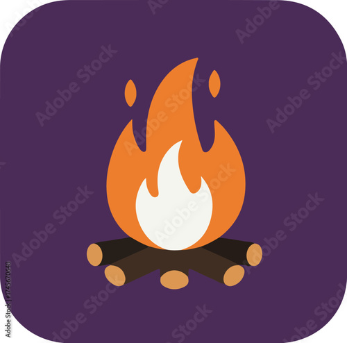 Circular campfire with vibrant orange and white flames against a purple background