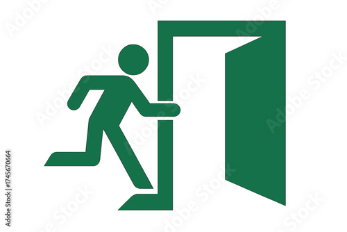 Emergency exit sign with running man. Fire exit symbol for safety and evacuation. Green pictogram icon of a person escaping through a door. Vector illustration on transparent background.