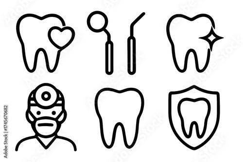 Dentist icon vector set. Dental care line art symbols. Stomatology concept graphics. Tooth health, love, protection shield, clean whitening sparkle, doctor, clinic, tools.