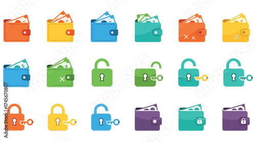 Vector art of colorful wallet and lock icons, representing financial security and money management