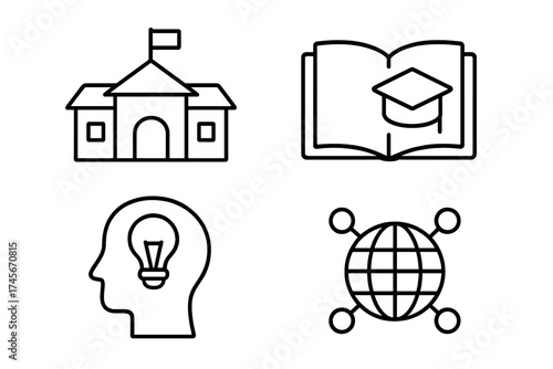 Education and learning web icon set in line style. School, university, knowledge, and e-learning concepts. Vector icons for graduation, study, ideas, and global networks.