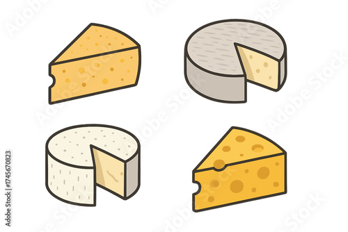 Cheese vector icon set. French dairy food collection. Gourmet appetizer illustrations. Brie, camembert, emmental wheel and slice. Logo element for menu, delicious product.