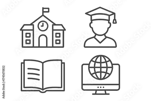 Education and learning web icons in line style. School, university, graduate, textbook, and e-learning concepts. Digital network for online courses. Vector illustration set.