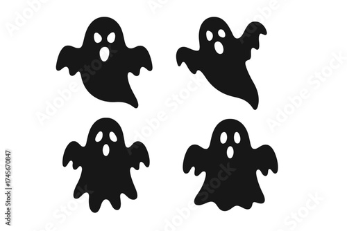 Ghost silhouette icon set vector. Halloween spooky phantom collection. Apparition spirit monster character. Scary paranormal creature design element. Holiday horror symbol fun.