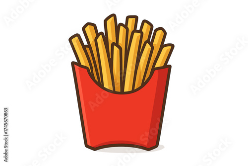 French fries in a red paper box, vector icon illustration. Crispy golden fried potato snack. Classic fast food takeaway meal for menu design. Unhealthy junk food concept.