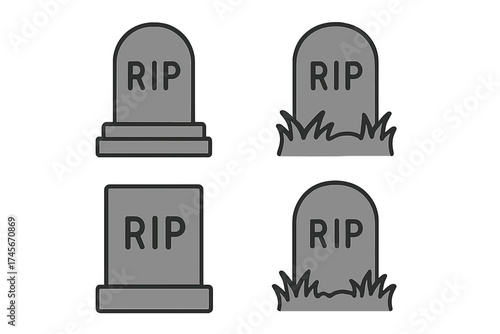 Grave icon set. Stone tombstone vector illustration collection. RIP tomb flat symbol for death, funeral or cemetery. Headstone for burial or Halloween horror design element.