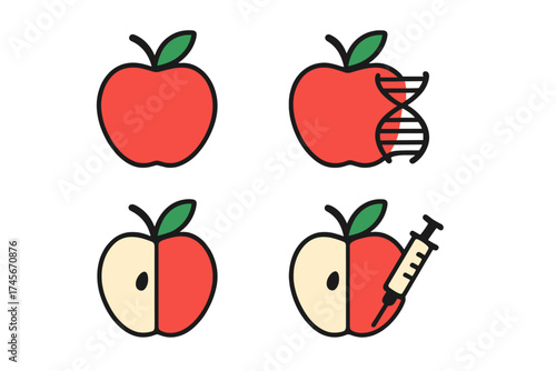 Genetically modified apple icon set. GMO fruit concept with DNA and syringe. Food science, biotechnology and agricultural technology metaphor. Unnatural nutrition vector symbols.