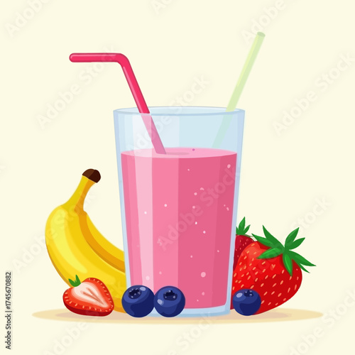 Vector illustration of a pink fruit smoothie in a tall glass with straw, surrounded by banana, strawberry, and blueberry.