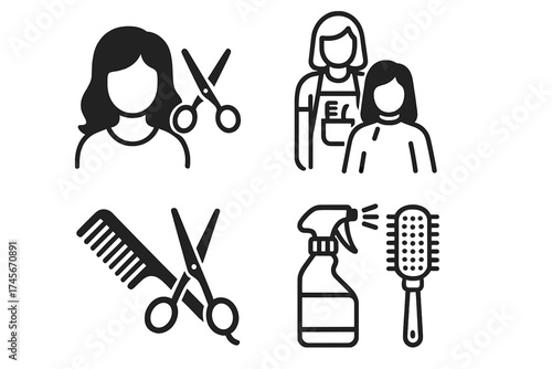 Hairdresser service vector icon set. Hair salon and barbershop concept. Includes haircut, styling, client care, and professional tools like scissors, comb, spray, and brush.