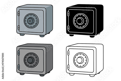 Bank vault icon set. Safe, strongbox, and lockbox collection in cartoon, glyph, and line art styles. Finance, money, and security symbol for savings, wealth, and protection.