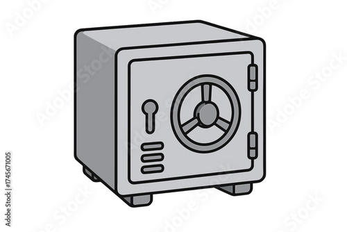 Bank vault safe icon vector illustration. Money and finance symbol for security, protection, and deposit. Wealth, treasure storage concept. Locked metal strongbox for savings.