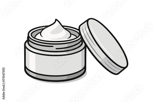 Open cosmetic cream jar with lid. Vector illustration for beauty and skincare. Face or body moisturizer, lotion, or balm in a container. Mockup for cosmetic product packaging.