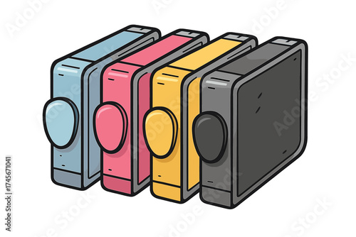 CMYK ink cartridge set vector illustration. Printer supplies concept with cyan, magenta, yellow, and black ink refills. Office equipment for printing and publishing. Isolated cartoon icon.
