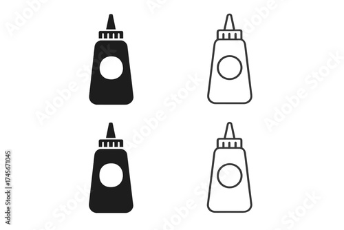 Set of ketchup sauce bottle icons in line and glyph styles. Vector symbol of a squeeze container for condiments like mustard or mayo, for fast food, restaurant or cooking.