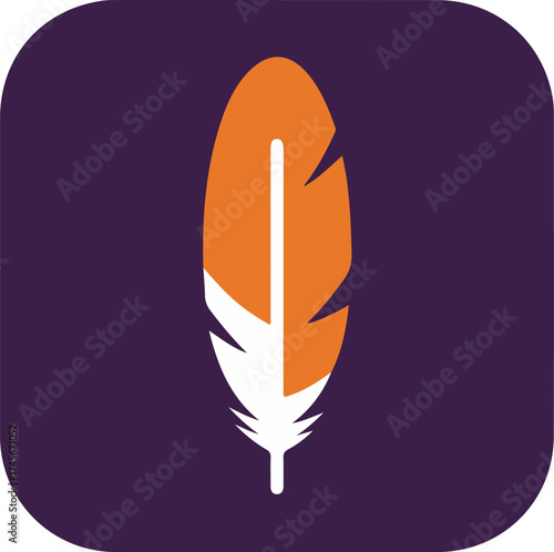Single vibrant orange feather with white tip on dark purple background