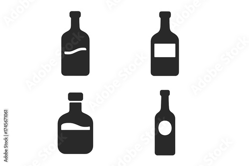 Liquor bottle icon set vector illustration. Alcohol drink silhouettes for bar menu or logo design. Wine, whiskey, rum, vodka bottles isolated on white background. Simple flat graphic.