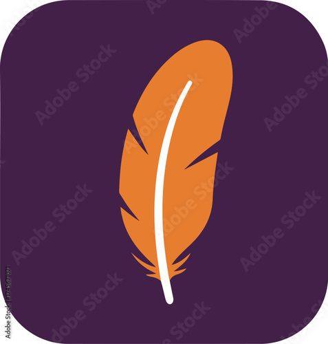Single vivid orange feather with white shaft on dark purple background