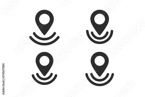 Location tracking icon collection. Live position marker and map pin for GPS navigation. Pointer symbol with signal for destination, route, and real-time positioning.