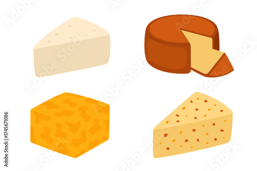 Various cheese types set collection. Flat style vector icons of brynza, smoked, colby jack, pepper jack cheese. Gourmet dairy food product symbol for web illustration.