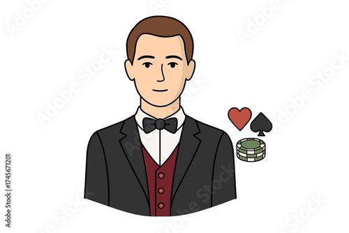 Casino croupier character icon. Professional man dealer in tuxedo at gaming table for poker or blackjack. Gambling industry symbol with cards and chips. Vector illustration.