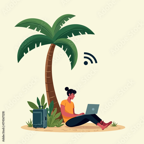 Flat vector illustration of a female digital nomad sitting under a palm tree with a laptop on a tropical island, surrounded by greenery and luggage beside her.