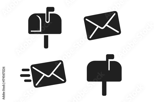 Mailbox vector icon set. Post box, letter, envelope glyphs. Mail delivery, sending message, correspondence concept. Post office service symbol. Email, newsletter, communication sign.