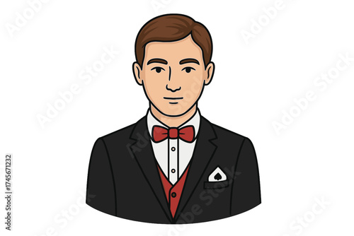 Casino croupier or poker dealer character avatar. Elegant man in a tuxedo with bow tie and spade pocket square. Gambling, betting, and card game concept vector illustration.