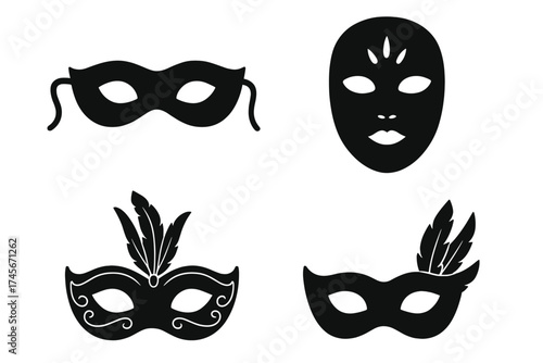 Black carnival mask icon set. Vector collection of masquerade ball and Venetian festival symbols. Ornate mystery face masks with feathers for party or theater costume design.
