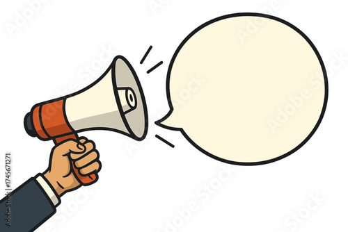 Hand holding megaphone with speech bubble. Loudspeaker for business marketing, advertising, promotion. Vector illustration for announcement, important message, news, event, alert.