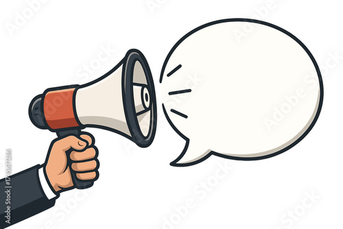 Hand holding megaphone with blank speech bubble. Loudspeaker for business, marketing, advertising. Concept of promotion, announcement, urgent news, alert message. Vector banner.