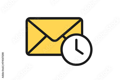 Mail with clock icon vector. Email schedule, message reminder or pending delivery concept. Trendy filled line style for web, logo, app, and UI design. Isolated graphic symbol.