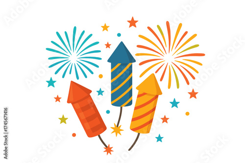 Colorful fireworks rockets vector icon. Flat design firecracker explosion for holiday celebration. New Year, 4th of July party event. Festive pyrotechnic show graphic element.