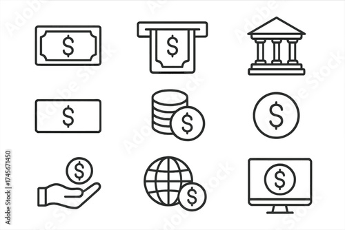 Money and finance thin line icon set. Vector symbols for banking, payment, and currency. Includes bank, dollar, cash, coin, ATM, and online digital transaction icons.