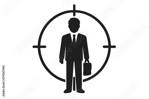 Businessman in target scope icon. Customer targeting, business goal, and recruitment concept. Headhunting, employee search, and audience focus vector illustration.