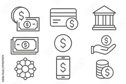 Money and finance line icon set. Vector symbols for banking, mobile payment, investment, and economy. Thin line pictograms of bank, credit card, cash, coin, and transaction.