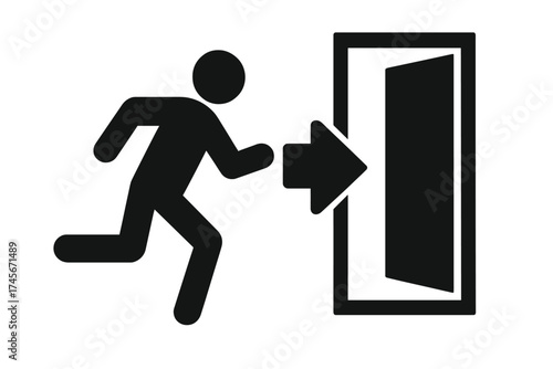 Emergency exit sign vector icon. Man running to an open door. Evacuation, safety, and fire escape concept. Person leaving symbol. Way out pictogram with direction arrow.