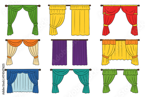 Curtain and drapery vector icon set. Collection of colorful cartoon window treatments with lambrequins for home decor and interior design. Flat graphic illustration symbols.